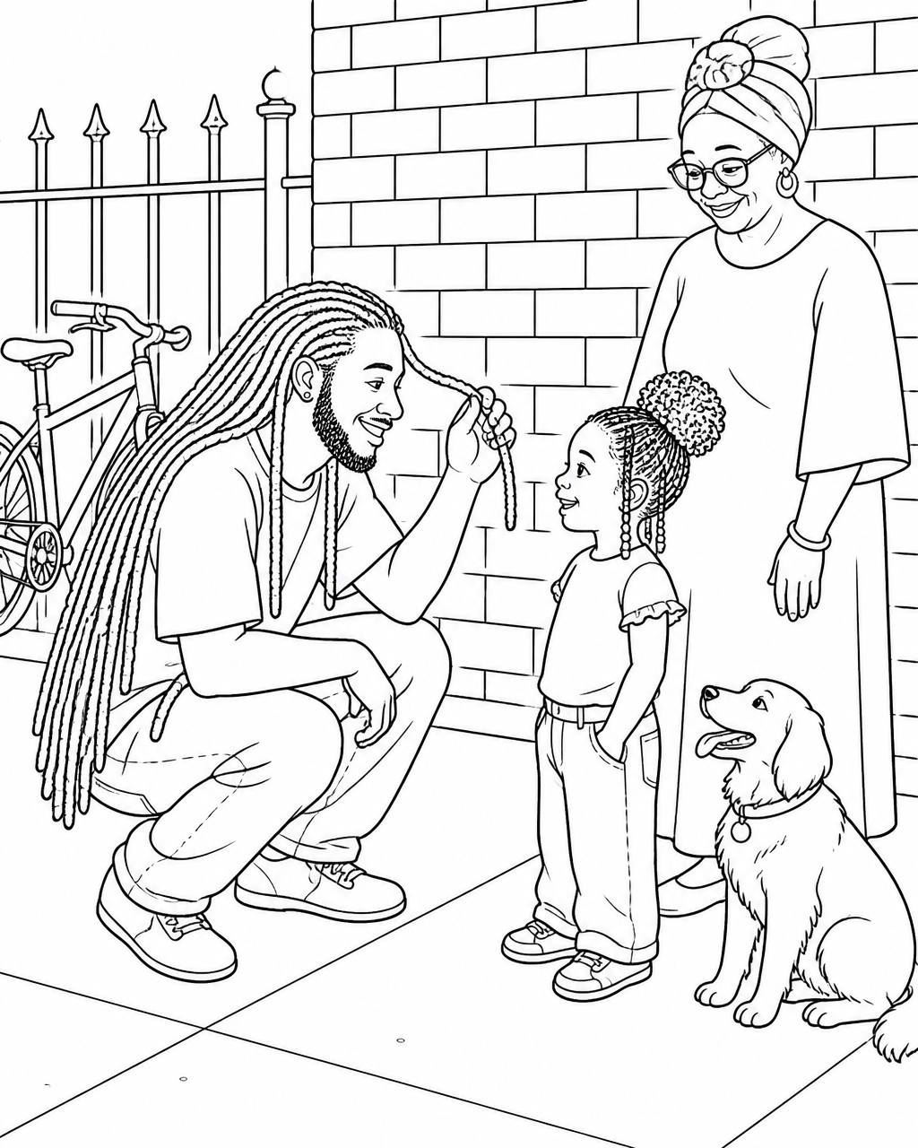 Coloring page of a man with long locs crouching to show Amara one of them while her grandmother smiles