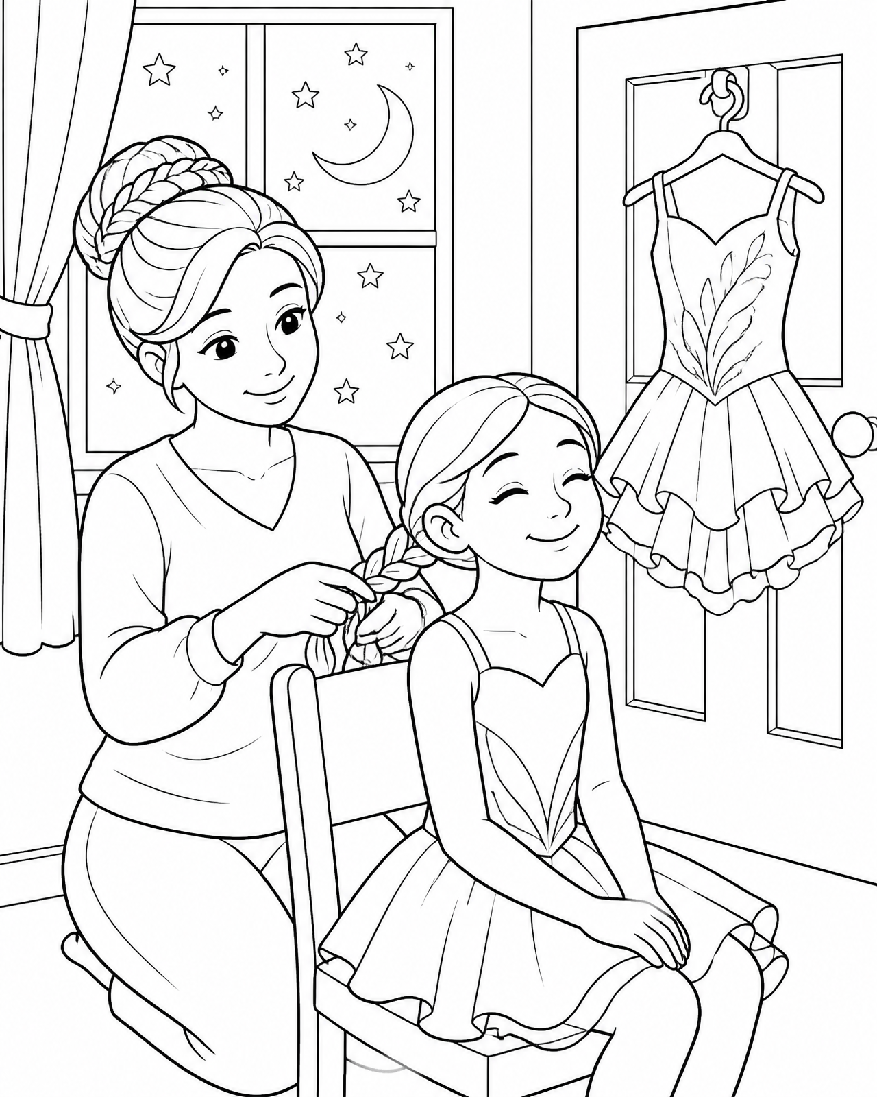 Coloring page of Mama braiding Imani's hair the night of the show, her costume hanging by the door