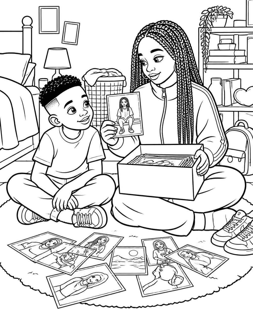 Coloring page of Timothy sitting on the rug while his older sister shows him a photograph from a shoebox