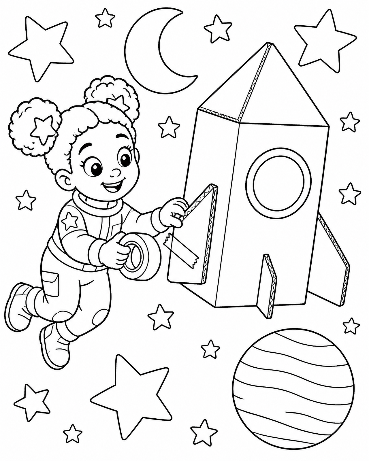 Coloring page of Zora floating outside her rocket in space, taping a loose fin back into place