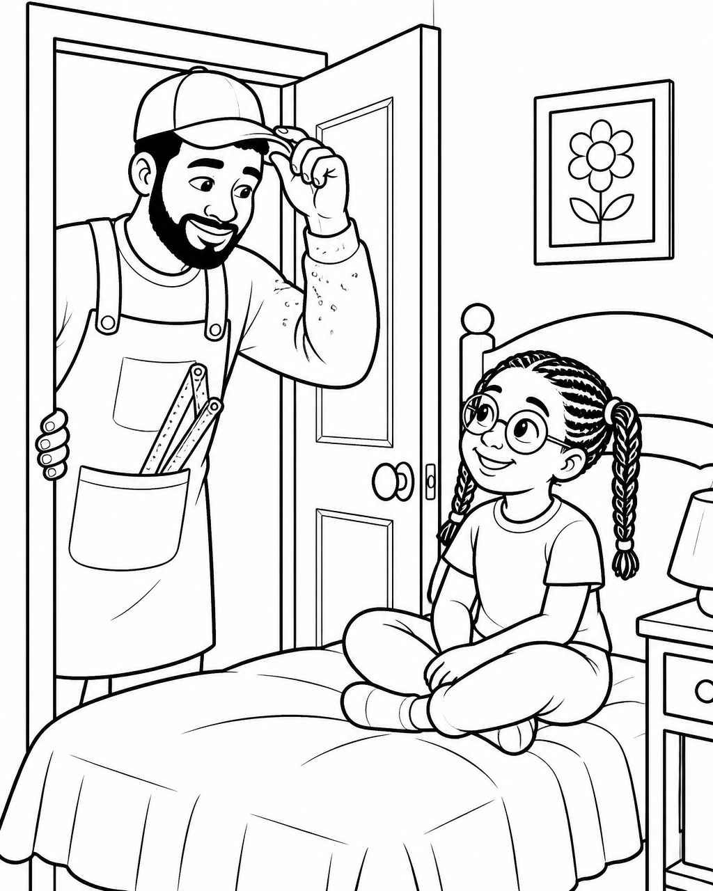 Coloring page of Naima's father in a carpenter's apron leaning in her bedroom doorway holding his cap