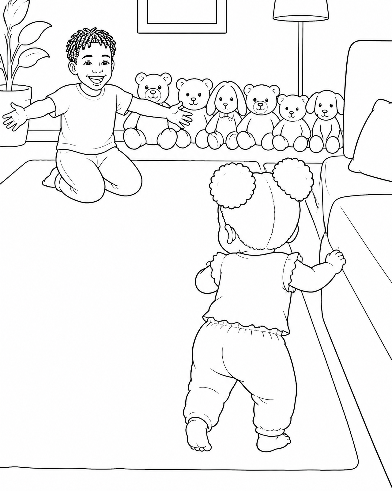 Coloring page of Omari kneeling with open arms, teddy bears lined up like an audience behind him
