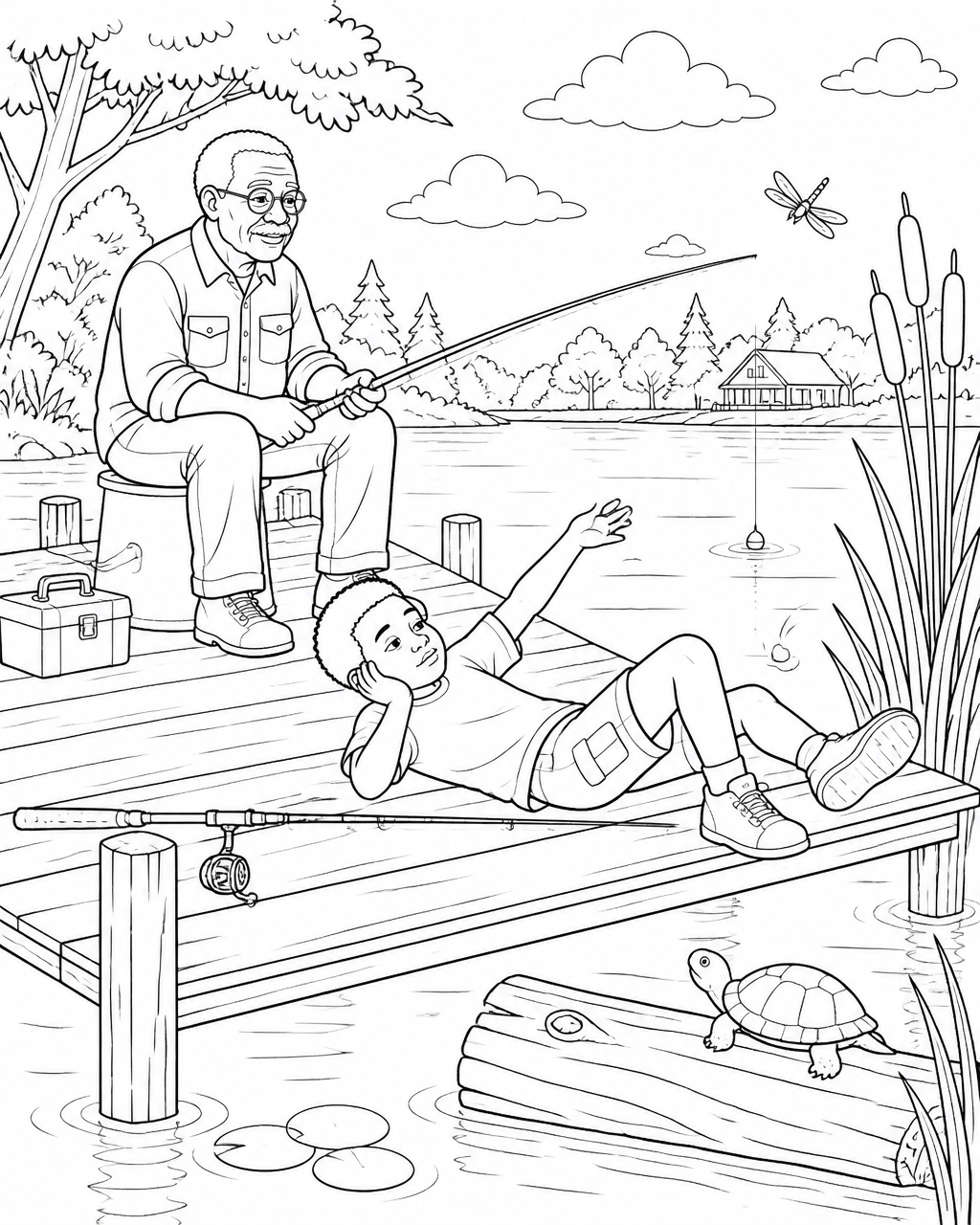 Coloring page of a bored boy lying on the dock while his patient grandfather fishes and a turtle suns on a log