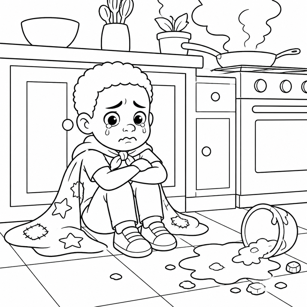 Coloring page of Caleb sitting teary-eyed on the kitchen floor with his cape pooled around him and a spilled bowl nearby