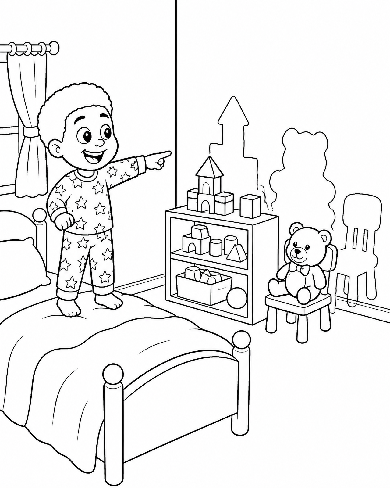 Coloring page of Miles laughing and pointing at his toy shelf, blocks and chair that made the big shadows