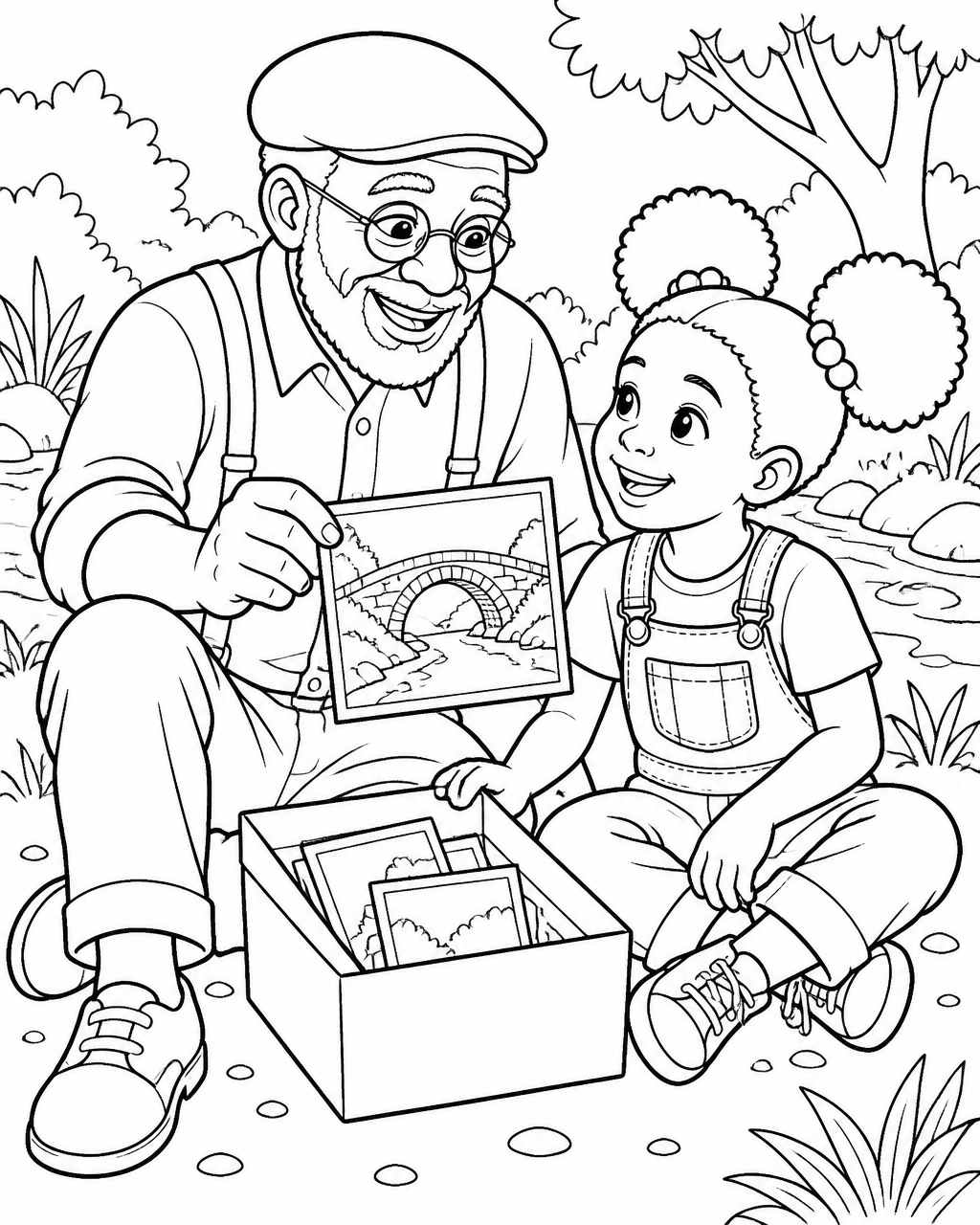 Coloring page of Grandpa Ade showing Zuri a photograph of a stone arch bridge
