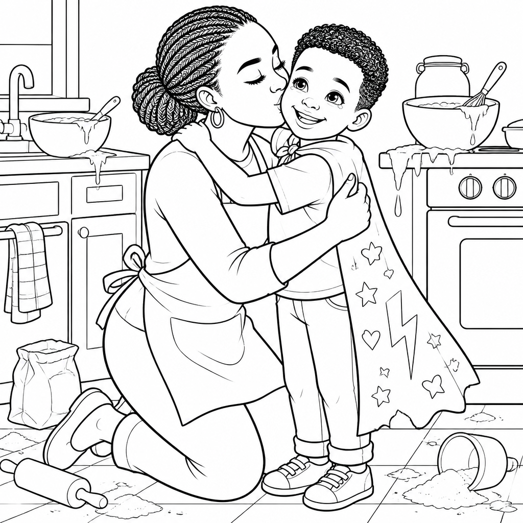 Coloring page of Mommy kneeling in the messy kitchen hugging Caleb tight and kissing his cheek