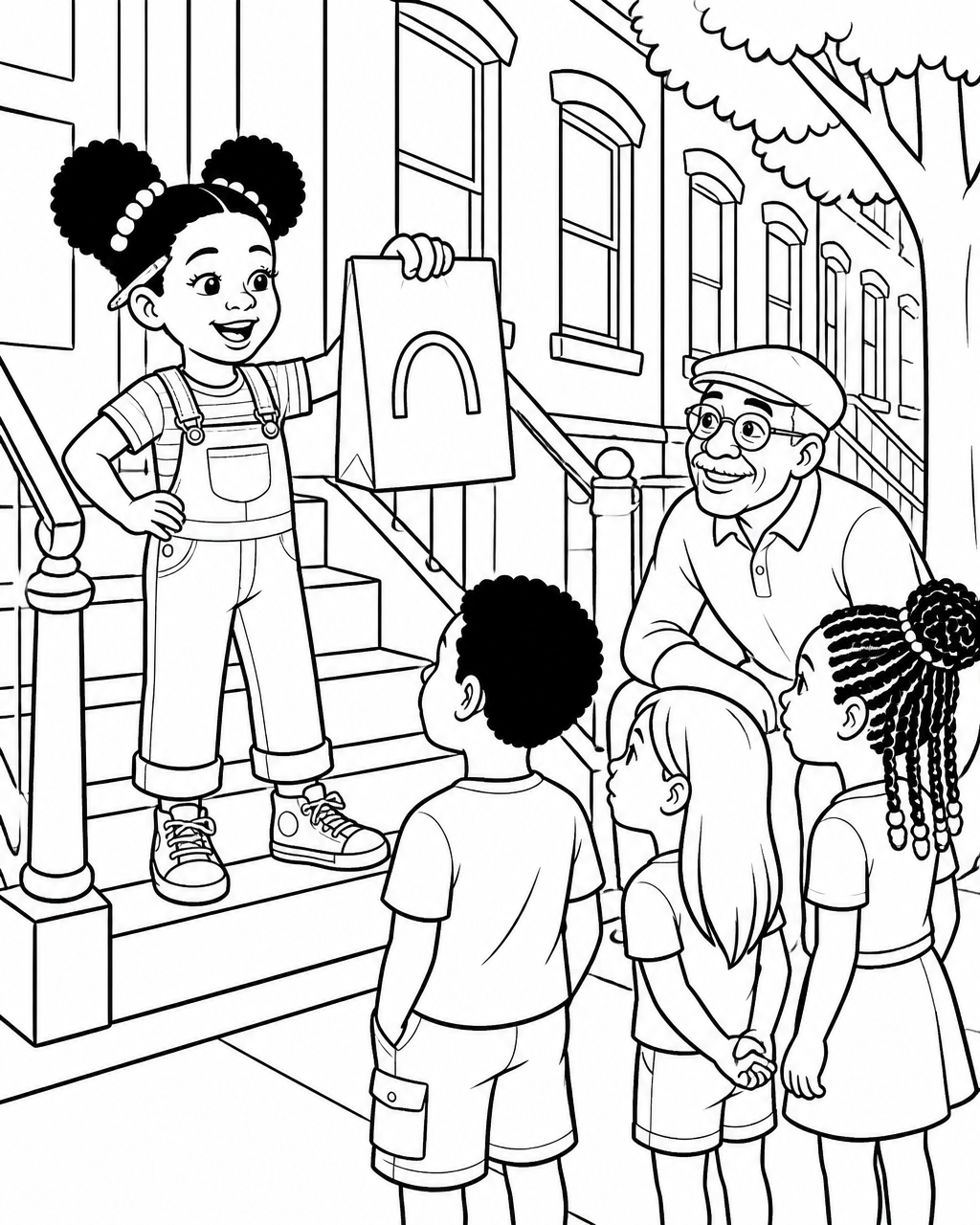 Coloring page of Zuri on a stoop showing her arch drawing to neighbors gathered around