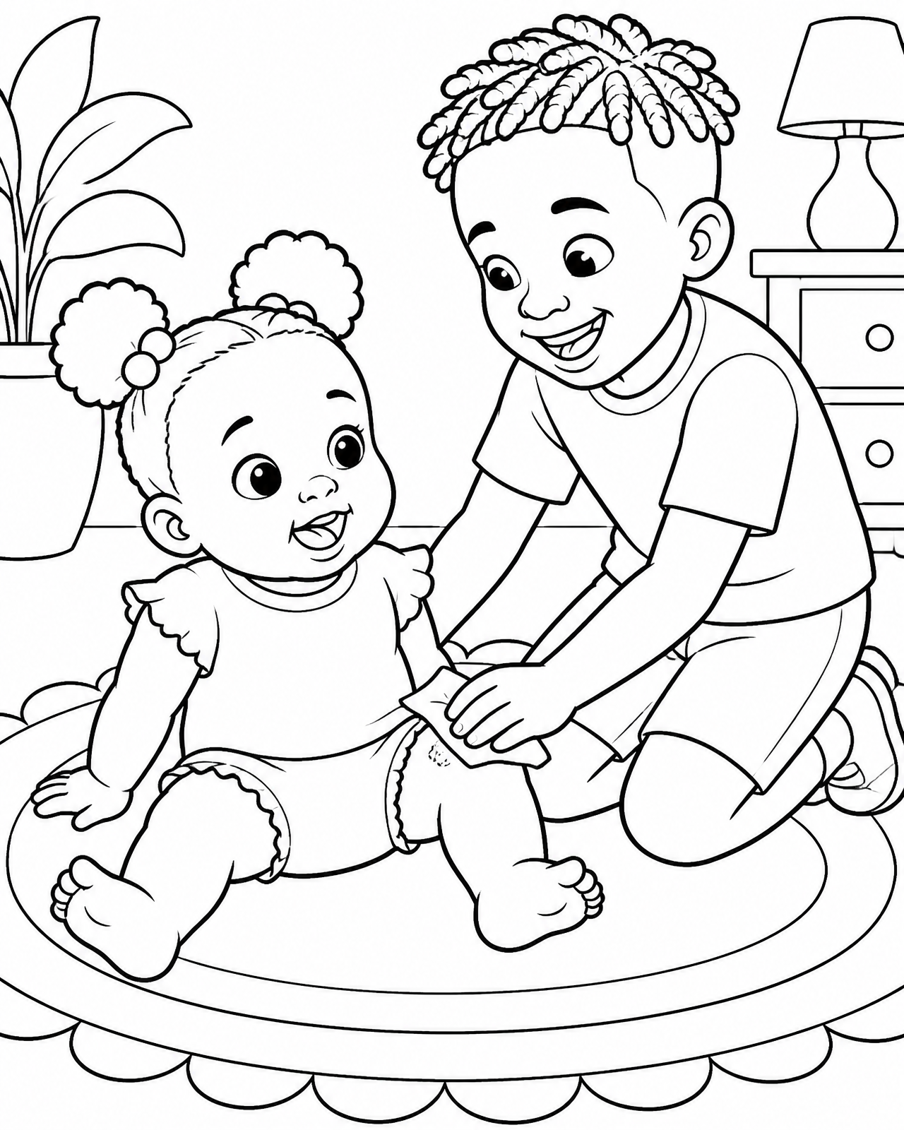 Coloring page of Zara sitting plopped on the rug grinning while Omari kneels beside her, dusting off her knee