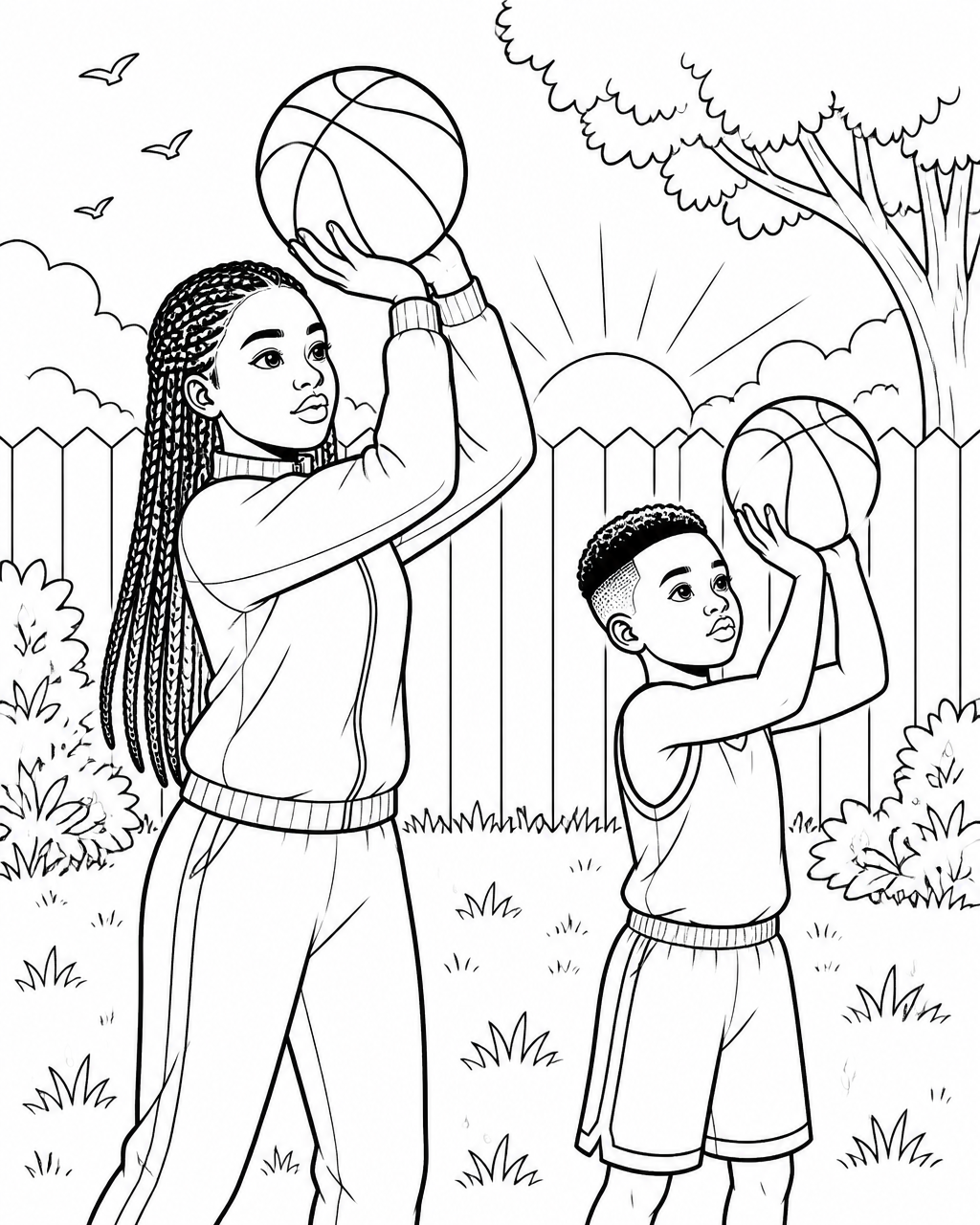 Coloring page of Nia showing Timothy a shooting stance in the backyard at sunrise while he copies her