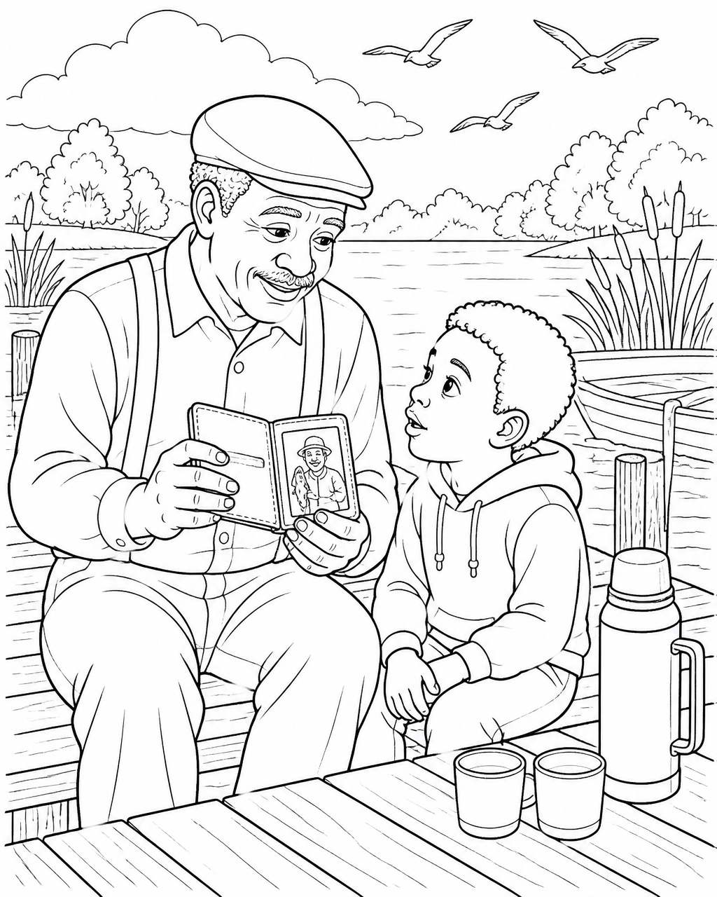Coloring page of a grandfather showing his grandson an old photograph kept in his worn wallet