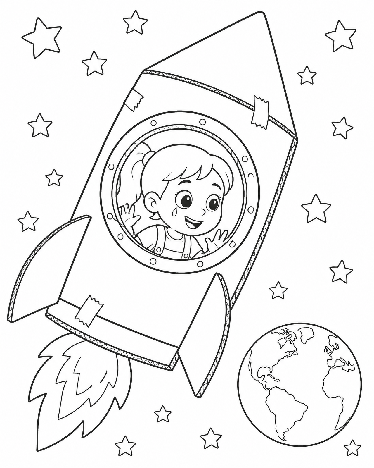 Coloring page of Zora looking through her rocket window at a small outlined Earth below