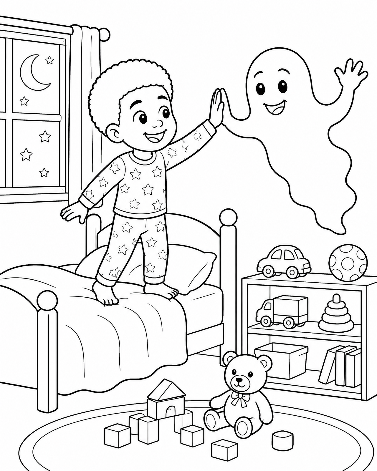 Coloring page of Miles standing on his bed giving a friendly smiling shadow a high five