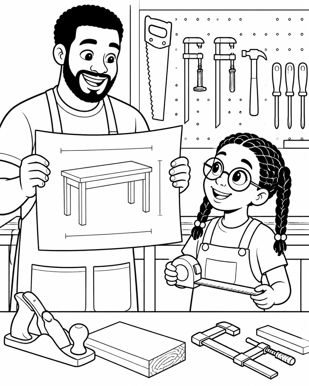 Coloring page of a father holding up a table plan in his workshop while Naima holds a measuring tape