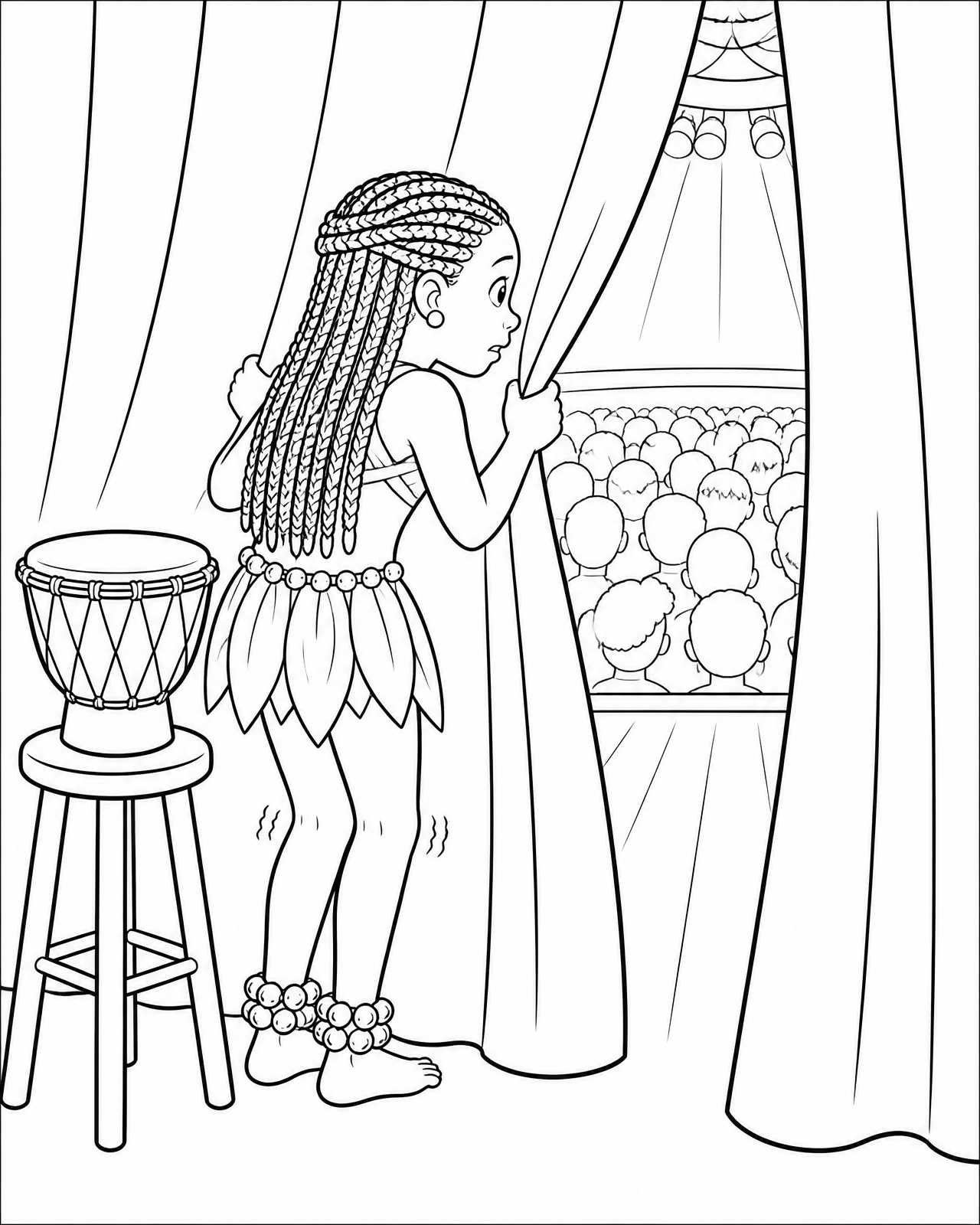 Coloring page of Imani peeking nervously through the stage curtains at the audience, a bongo drum beside her