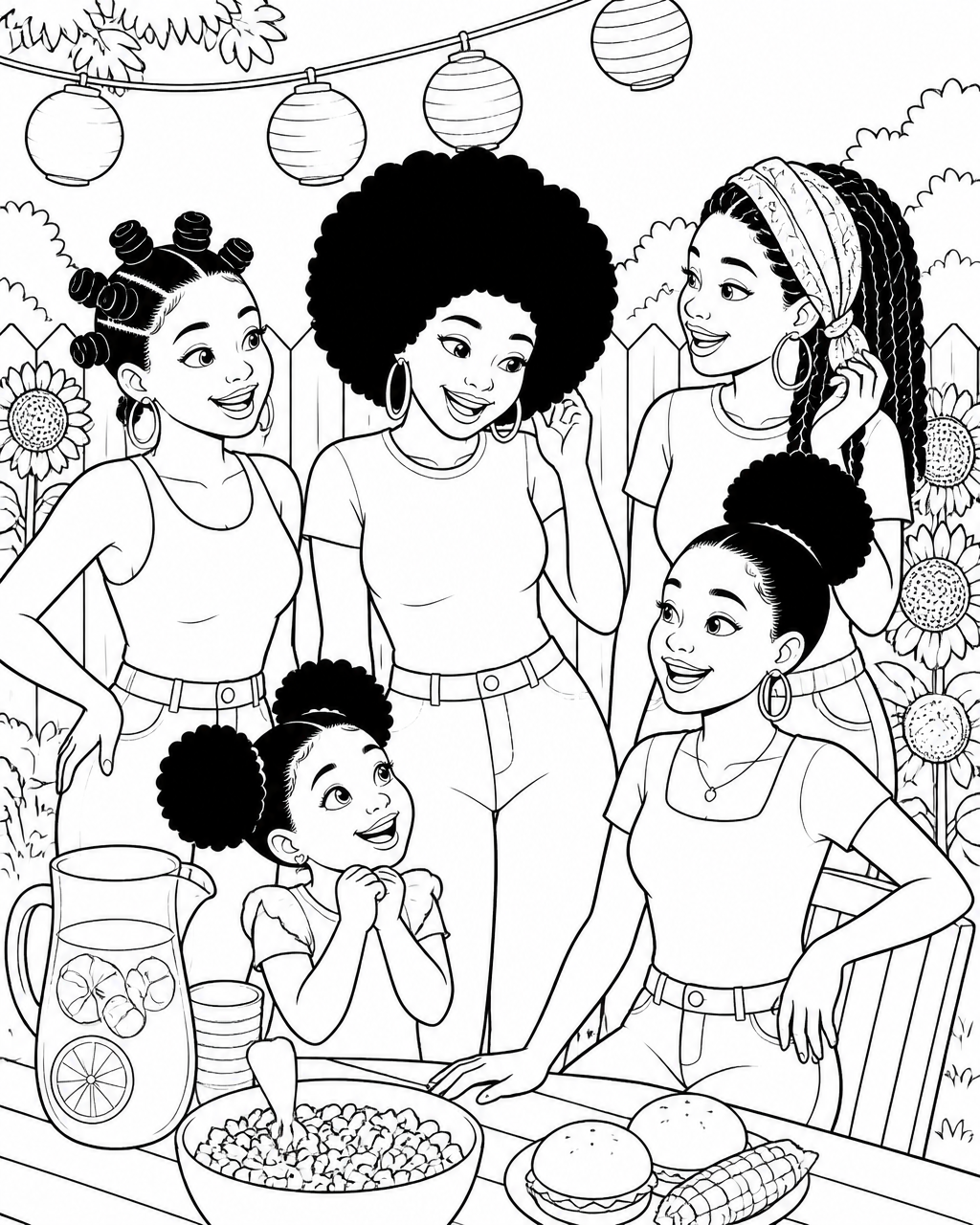 Coloring page of a backyard cookout where four women wear Bantu knots, an afro, twists and a puff