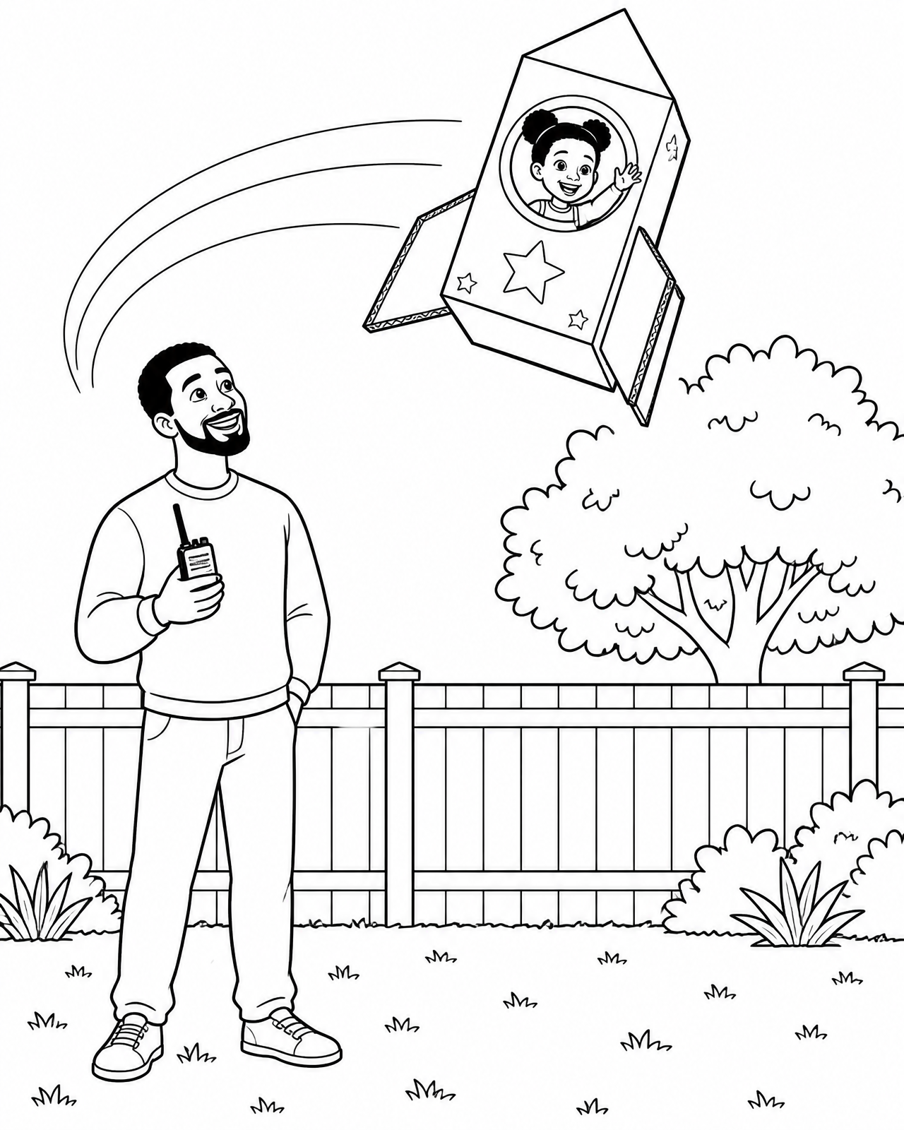 Coloring page of Zora's rocket descending toward the backyard while her papa holds a walkie-talkie and looks up