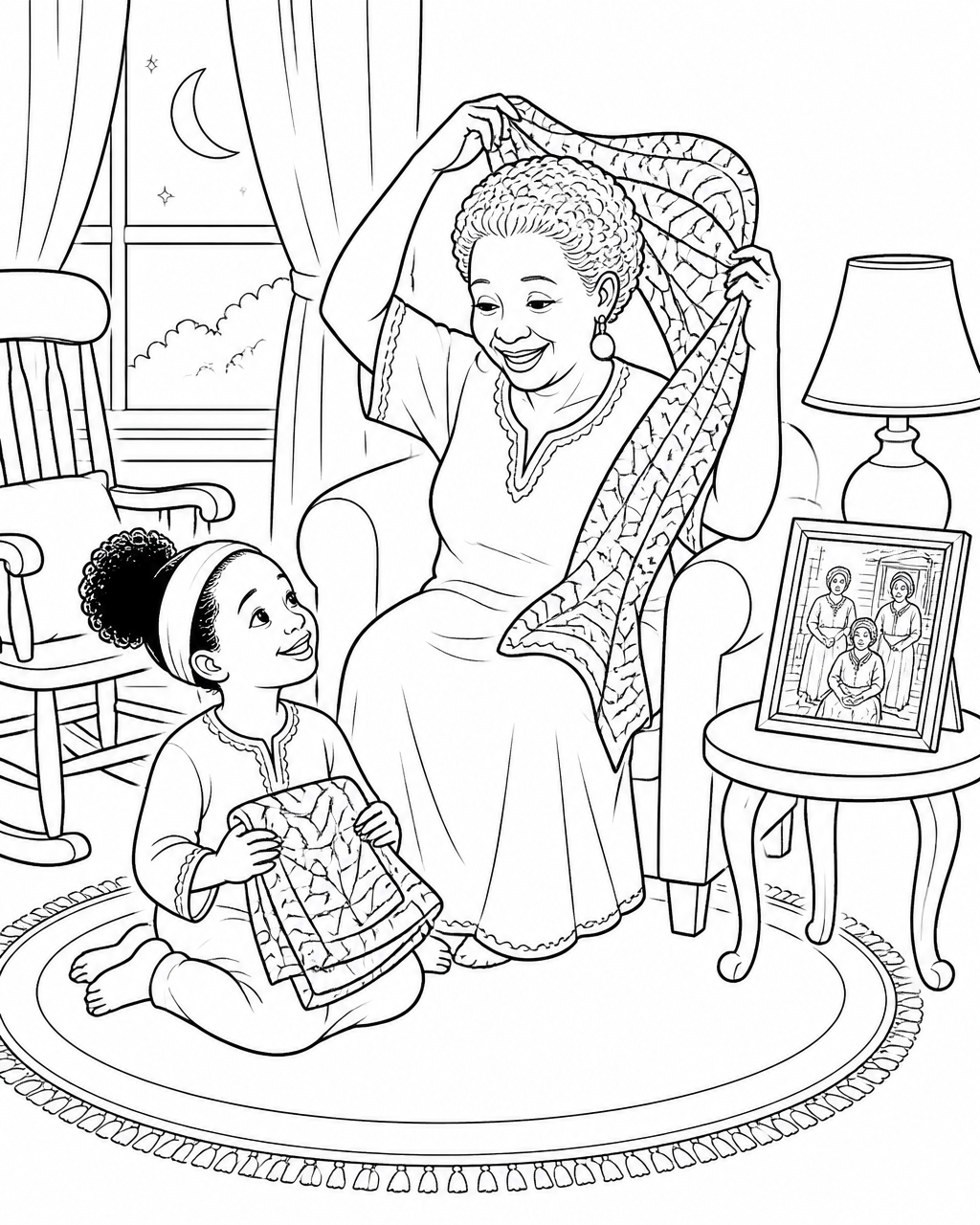 Coloring page of Amara's grandmother unwrapping her headwrap in the living room beside an old family photograph