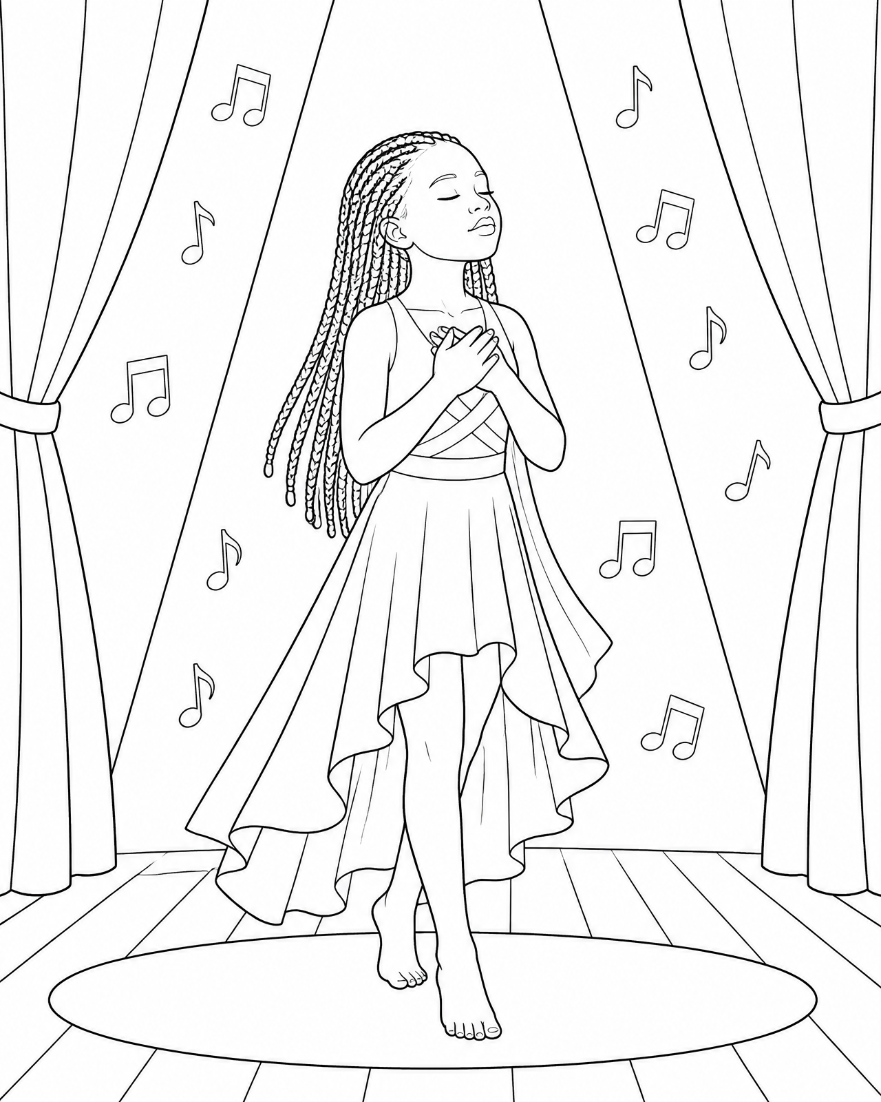 Coloring page of Imani stepping onto the stage with her eyes closed and hands over her heart as music surrounds her