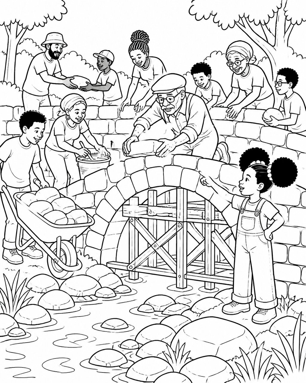 Coloring page of the whole neighborhood building a stone arch bridge together