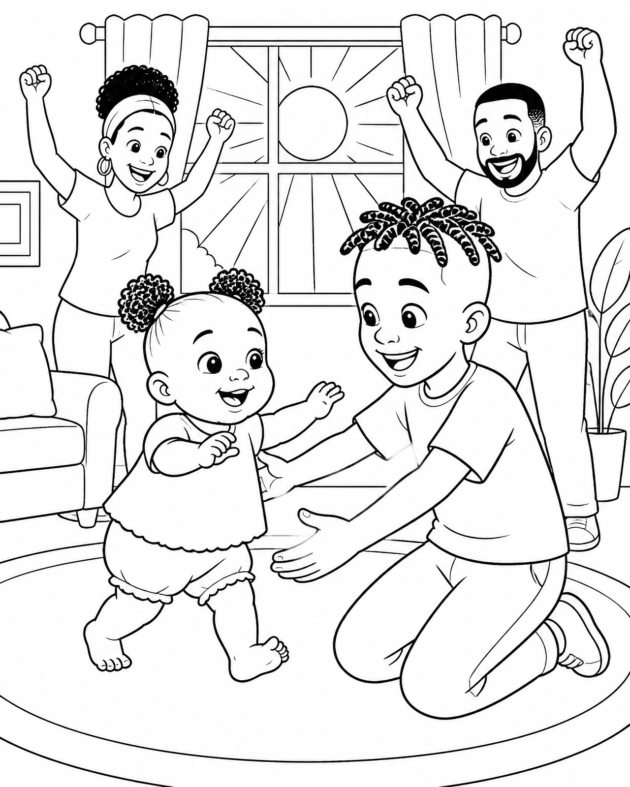Coloring page of Zara walking three steps into Omari's arms while their parents cheer in the sunny window light