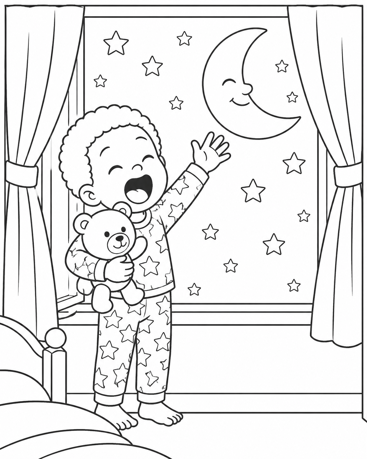 Coloring page of Miles hugging his teddy bear and waving at the big smiling moon through his window