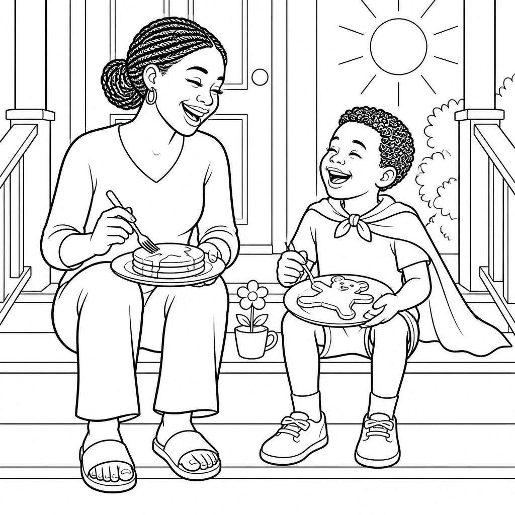 Coloring page of Mommy and Caleb sitting on the porch steps eating pancakes together in the morning sun