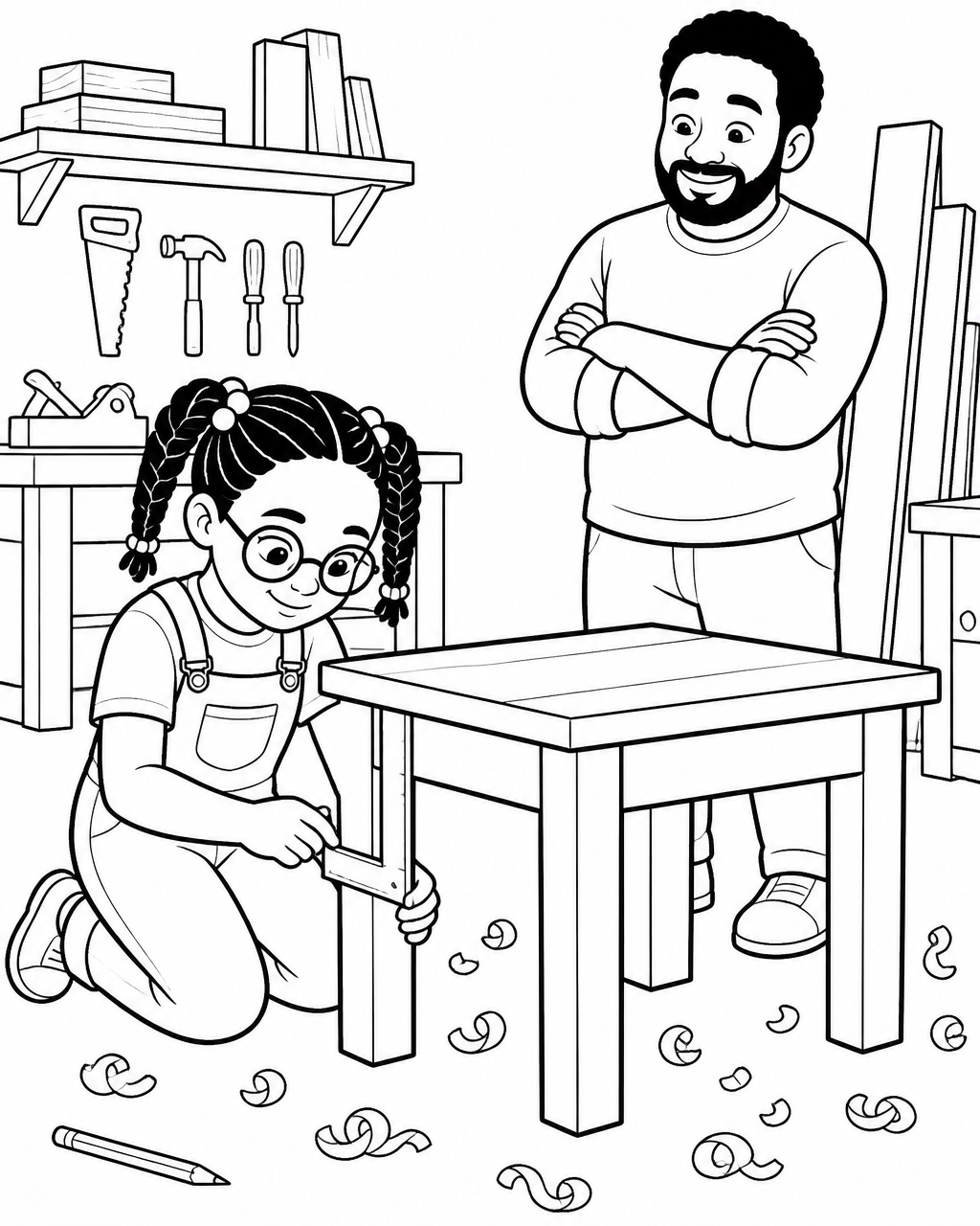 Coloring page of Naima kneeling beside a small wooden table she built, checking a leg with a carpenter's square