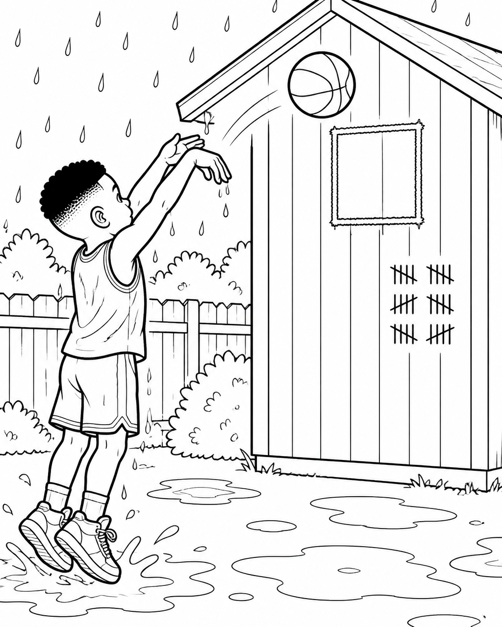 Coloring page of Timothy shooting at a chalk square on a shed wall in the rain beside rows of tally marks