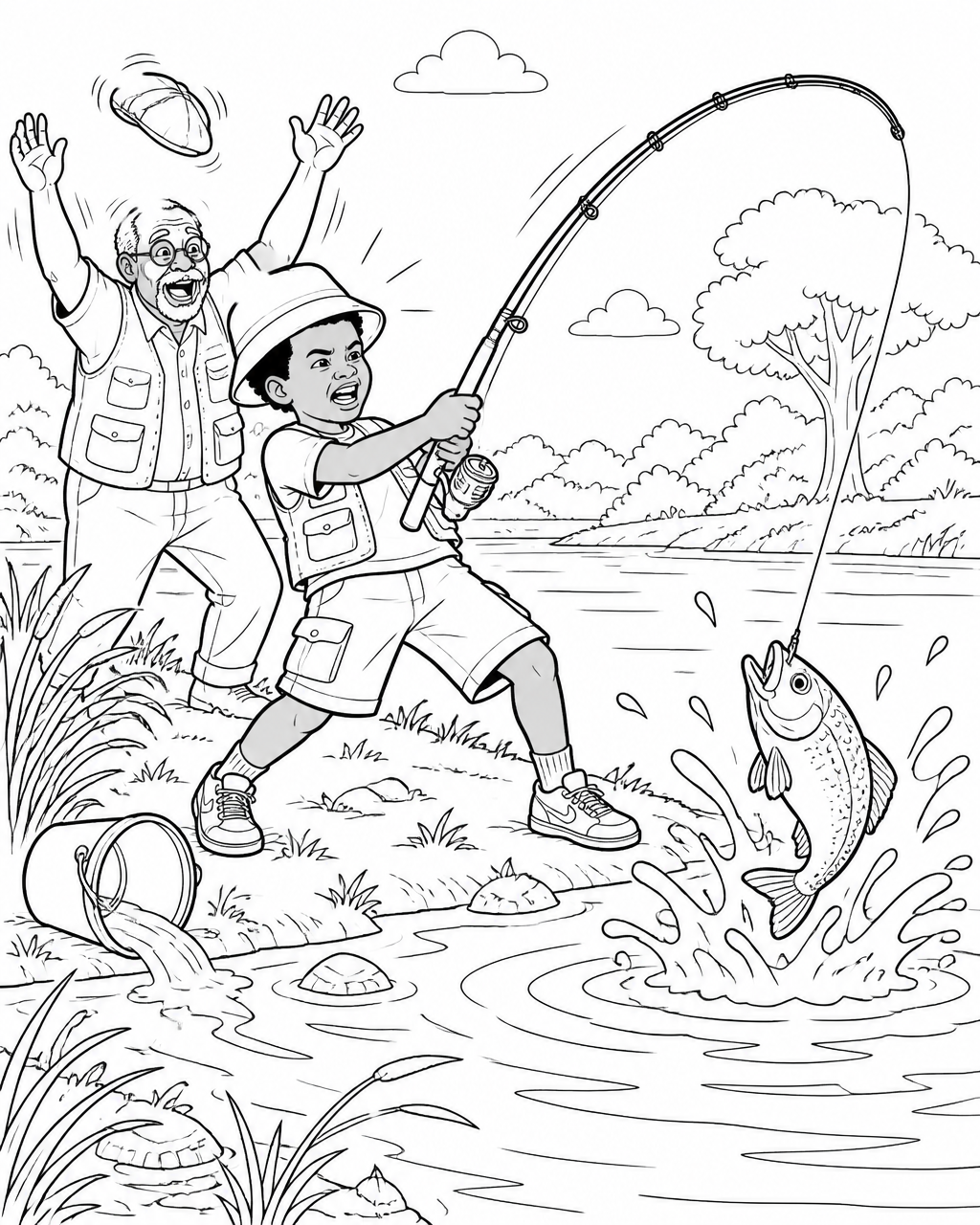 Coloring page of a boy fighting a fish with a deeply bent rod while his grandfather cheers behind him