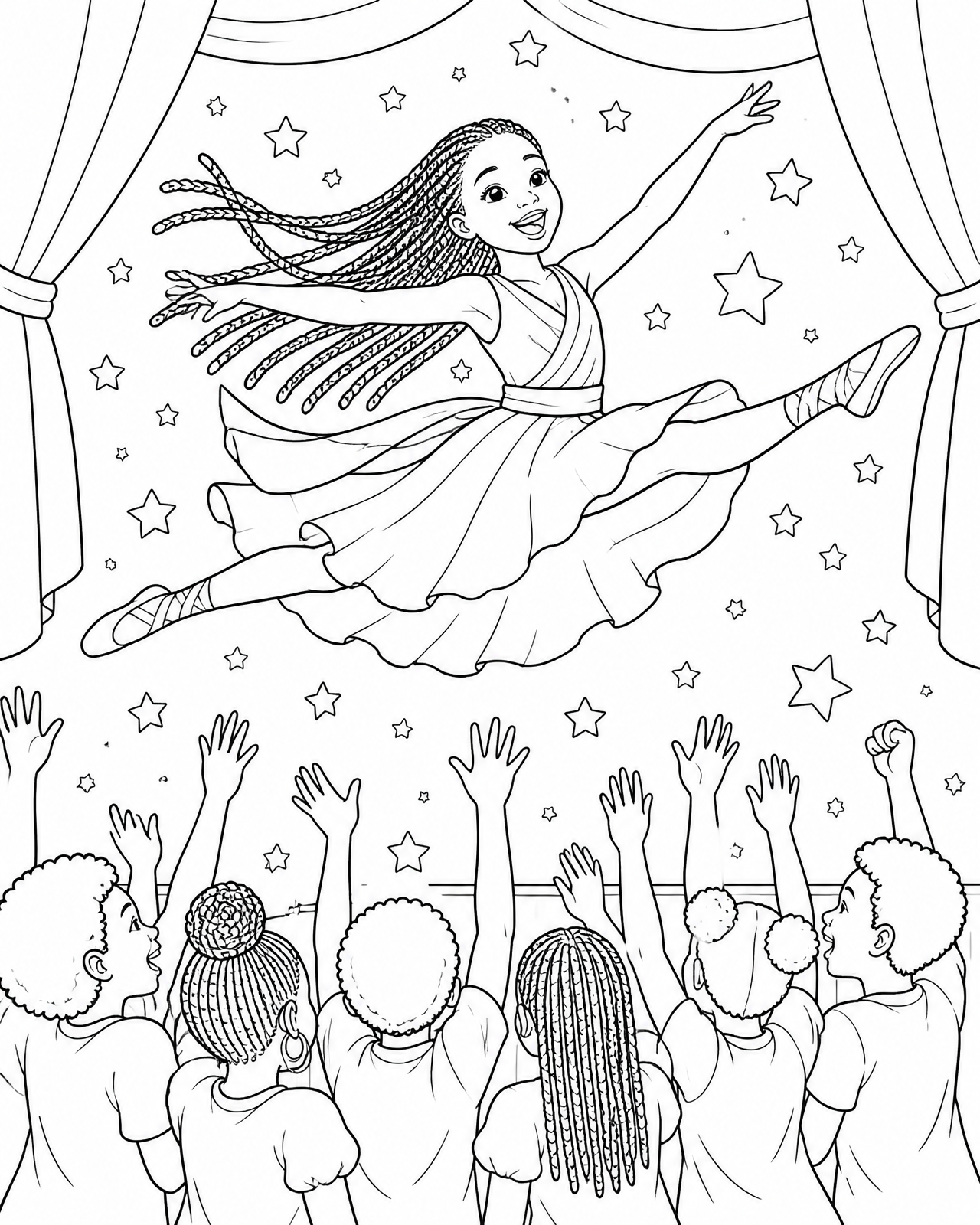 Coloring page of Imani leaping high across the stage as the audience stands and cheers