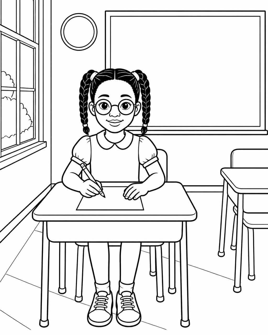 Coloring page of Naima sitting tall and calm at her classroom desk working steadily with her pencil