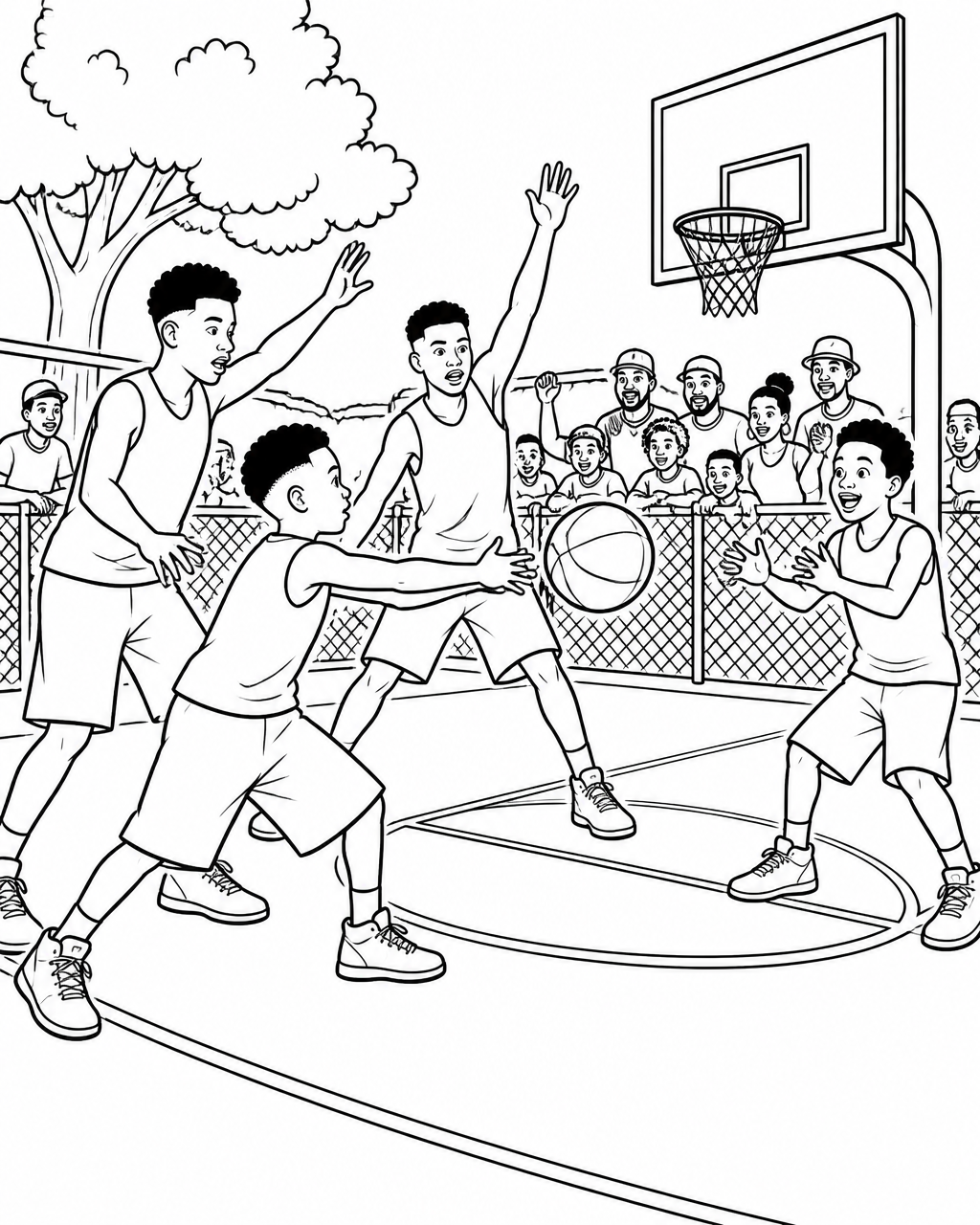 Coloring page of Timothy double-teamed on the court passing the ball to a wide-open teammate as neighbors watch