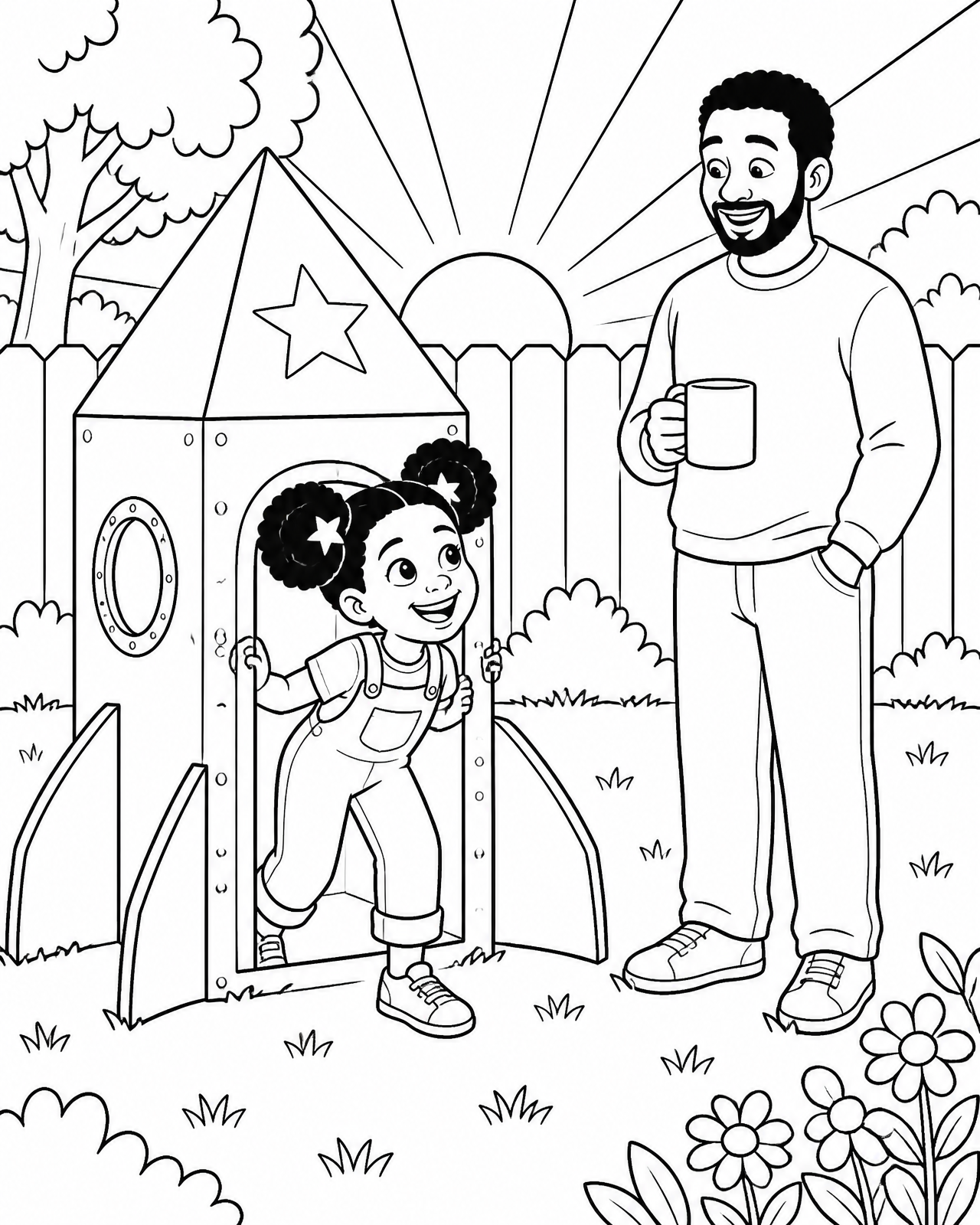 Coloring page of Zora climbing out of her landed rocket into her papa's arms with cocoa and bread nearby