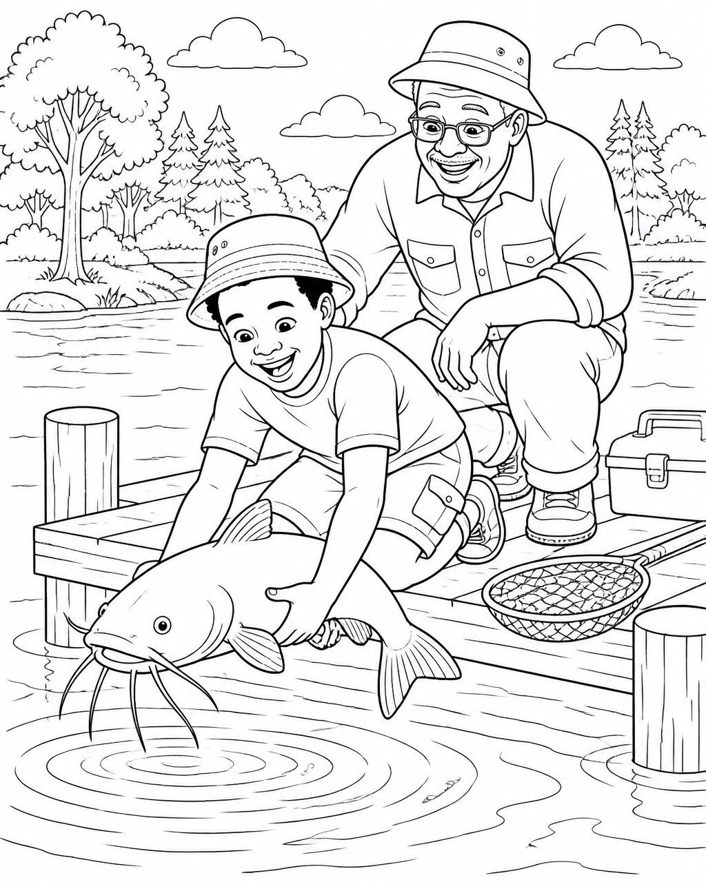 Coloring page of a boy kneeling on the dock holding a large catfish, lowering it back into the water