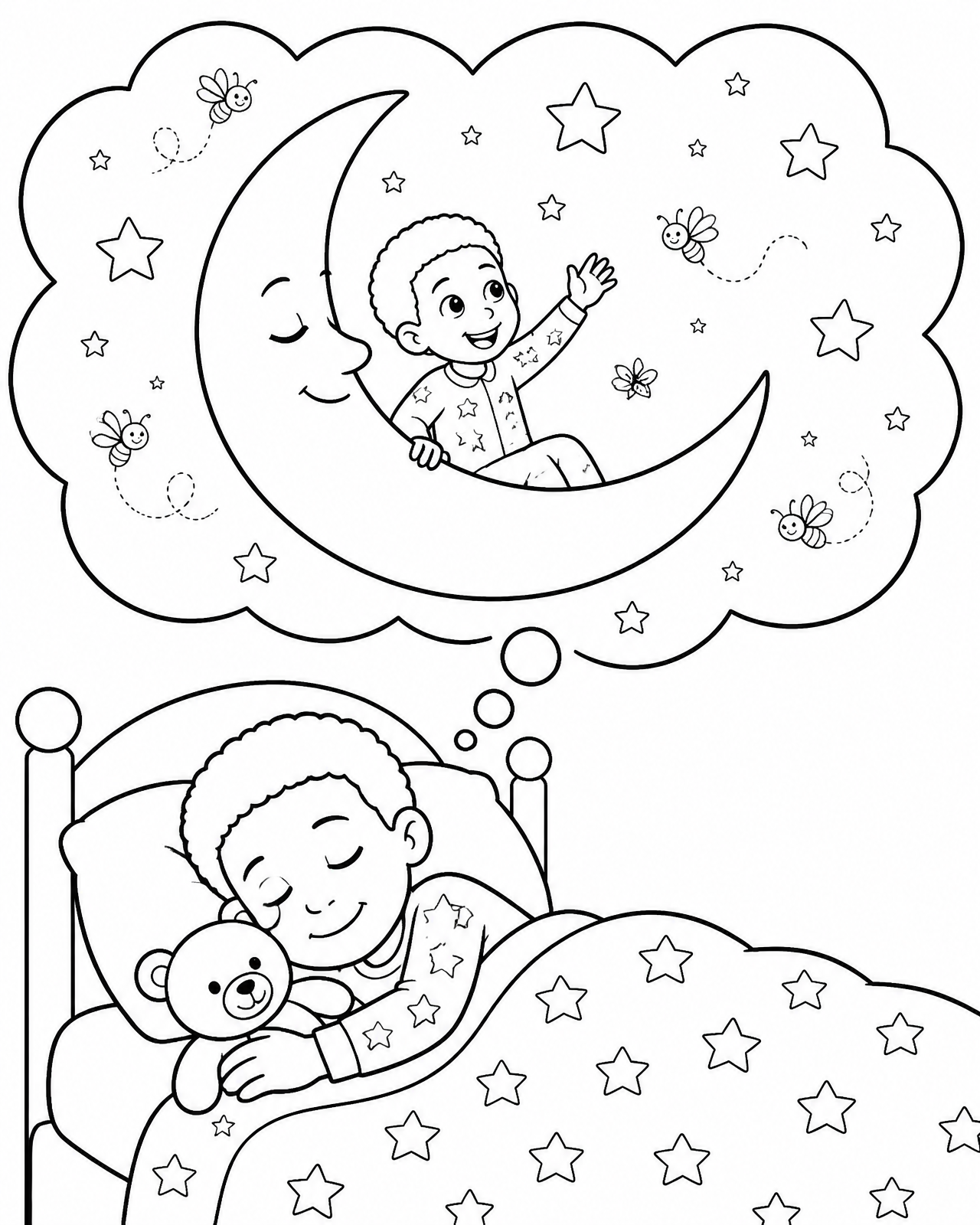 Coloring page of Miles asleep in bed, dreaming in a big bubble of riding the crescent moon among stars and fireflies