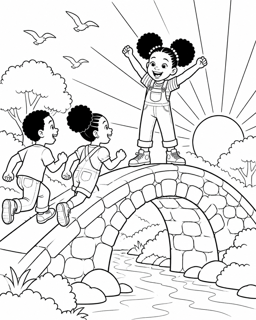Coloring page of Zuri standing triumphantly at the top of the finished stone bridge