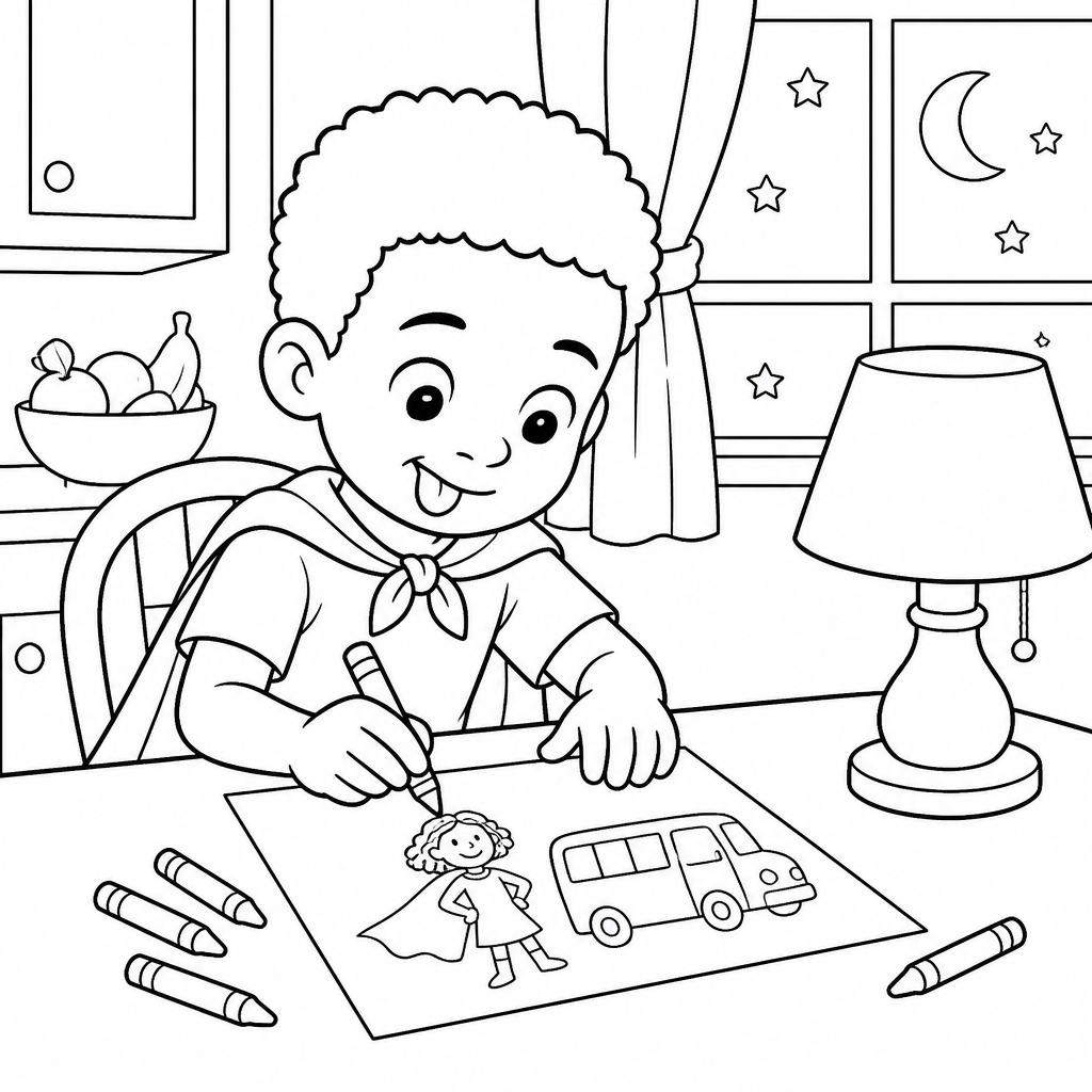 Coloring page of Caleb drawing a picture of his mommy in a cape beside her bus at the table by lamplight