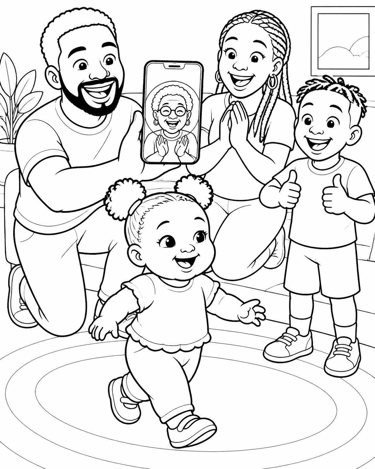 Coloring page of the family on a video call with Grandma while Zara toddles proudly past the phone