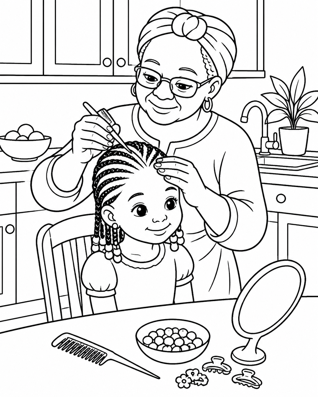 Coloring page of Amara sitting happily while her grandmother parts and braids curving cornrows with beads