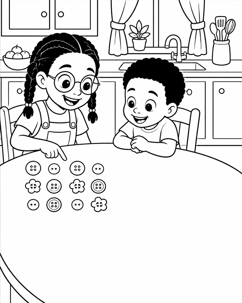 Coloring page of Naima teaching a younger boy at the kitchen table with buttons laid in a pattern and blank space to draw