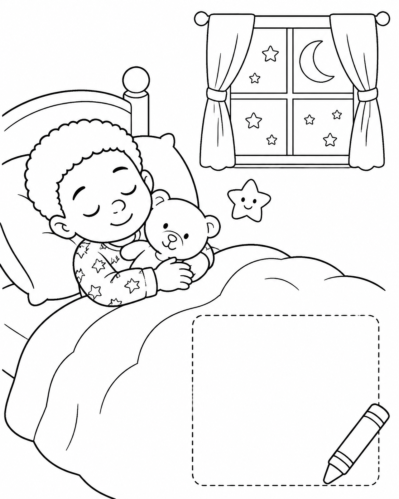 Coloring page of Miles asleep hugging his teddy bear under the moon, beside an empty space to draw what you find in the dark
