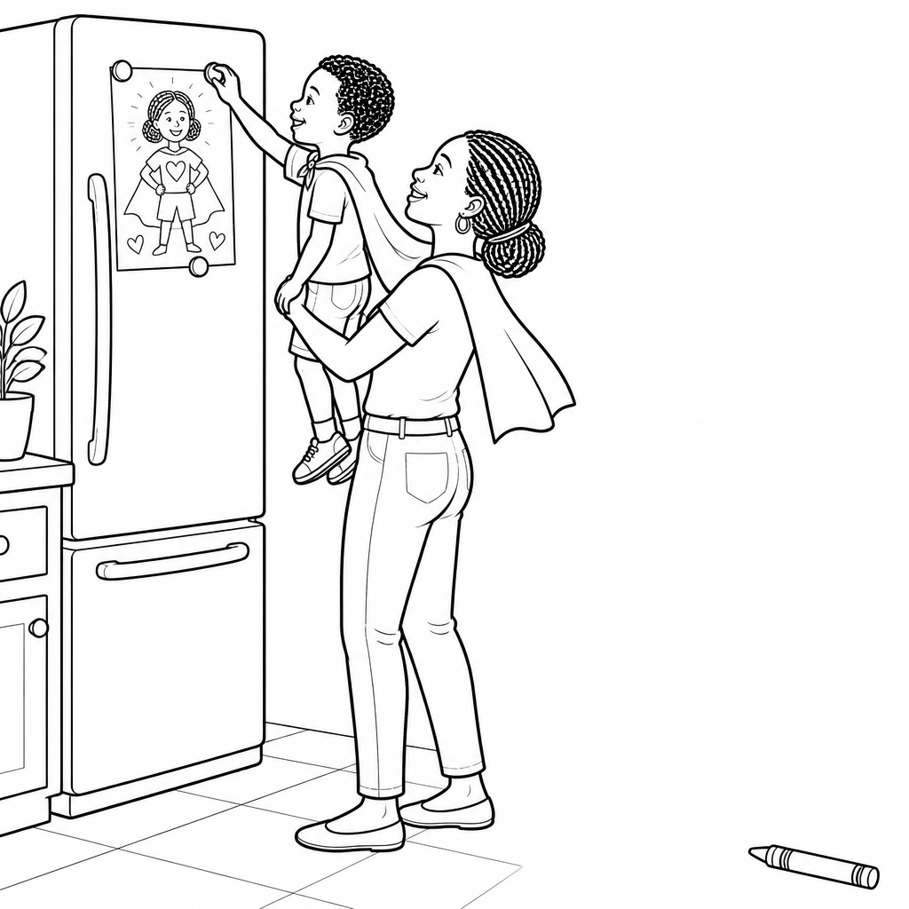 Coloring page of Mommy lifting Caleb up to the refrigerator where his drawing of her hangs beside an empty space to draw