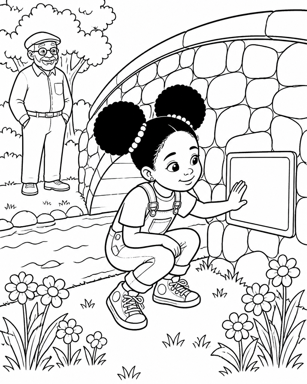 Coloring page of Zuri touching a blank stone plaque at the foot of the bridge while her grandfather watches