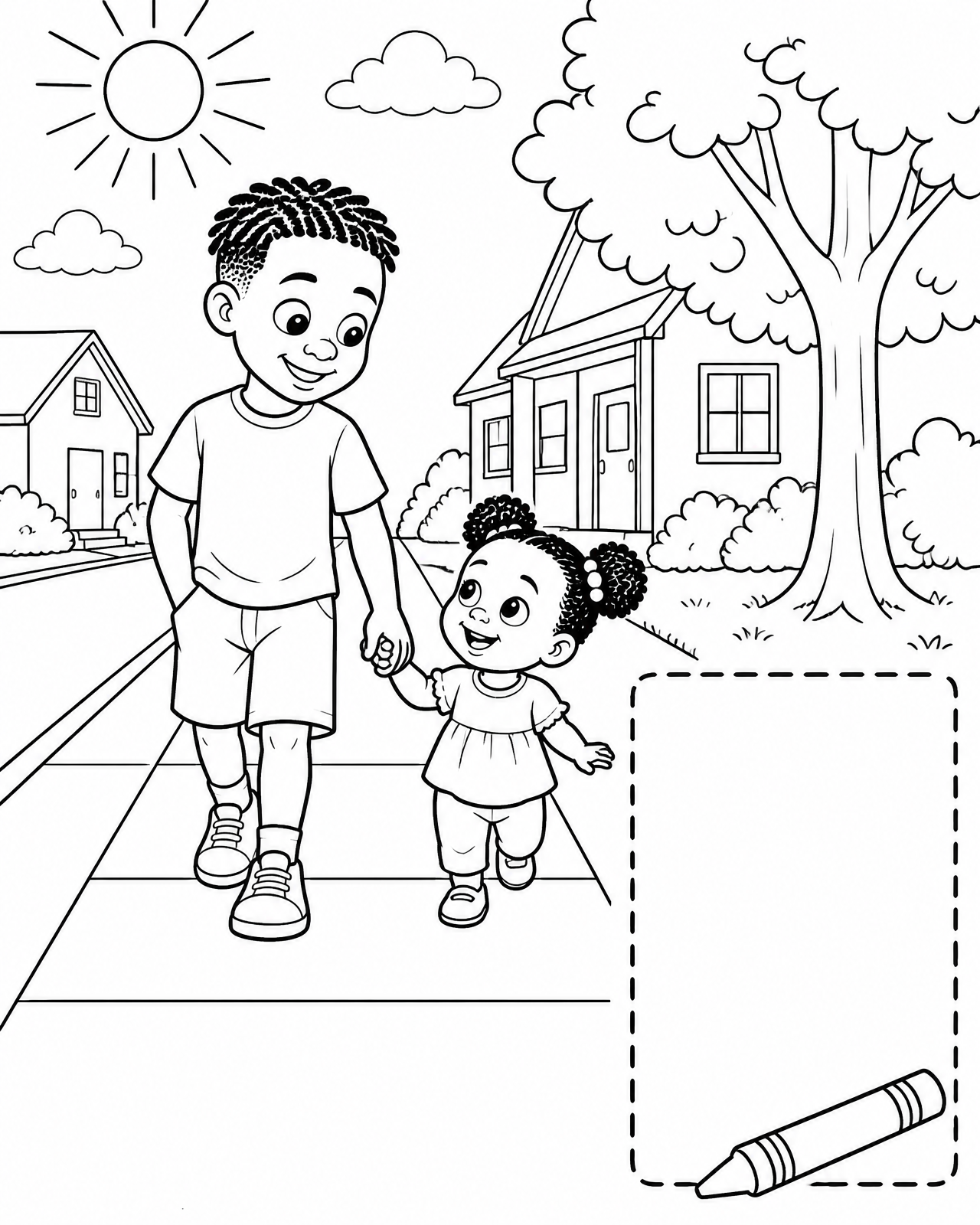 Coloring page of Omari and Zara walking hand in hand down the sidewalk, beside an empty space to draw someone you cheer on