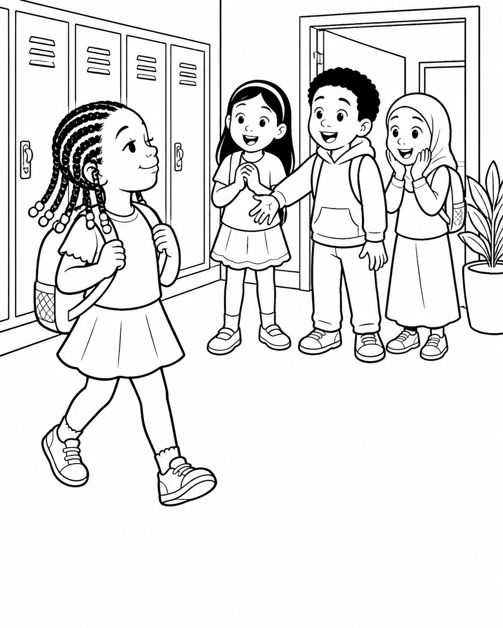 Coloring page of Amara walking proudly down a school hallway in fresh beaded cornrows as classmates admire