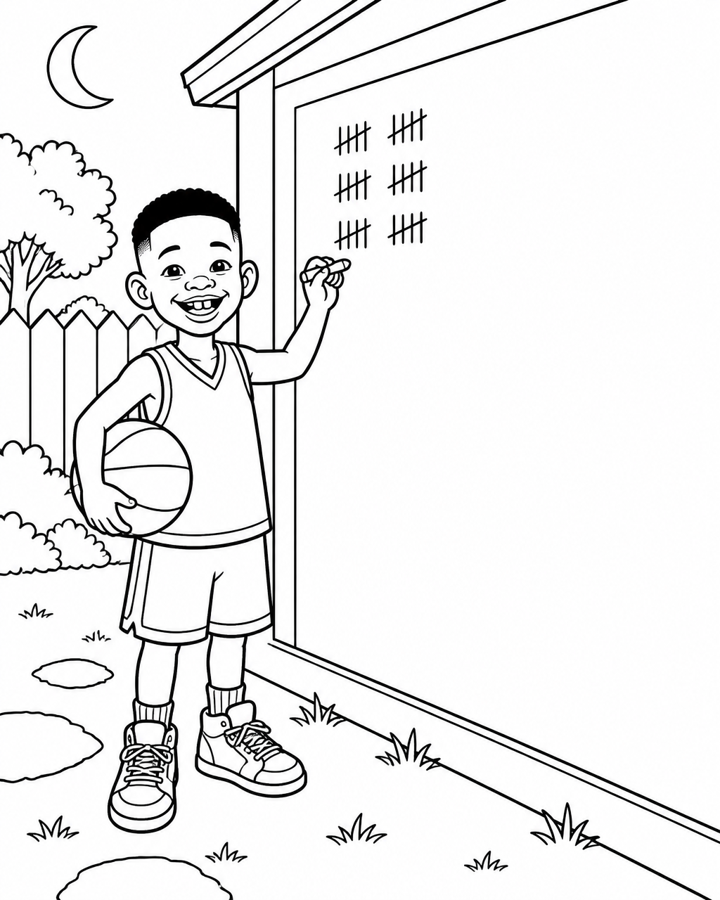 Coloring page of Timothy at dusk adding a chalk tally to the shed wall beside a large blank space