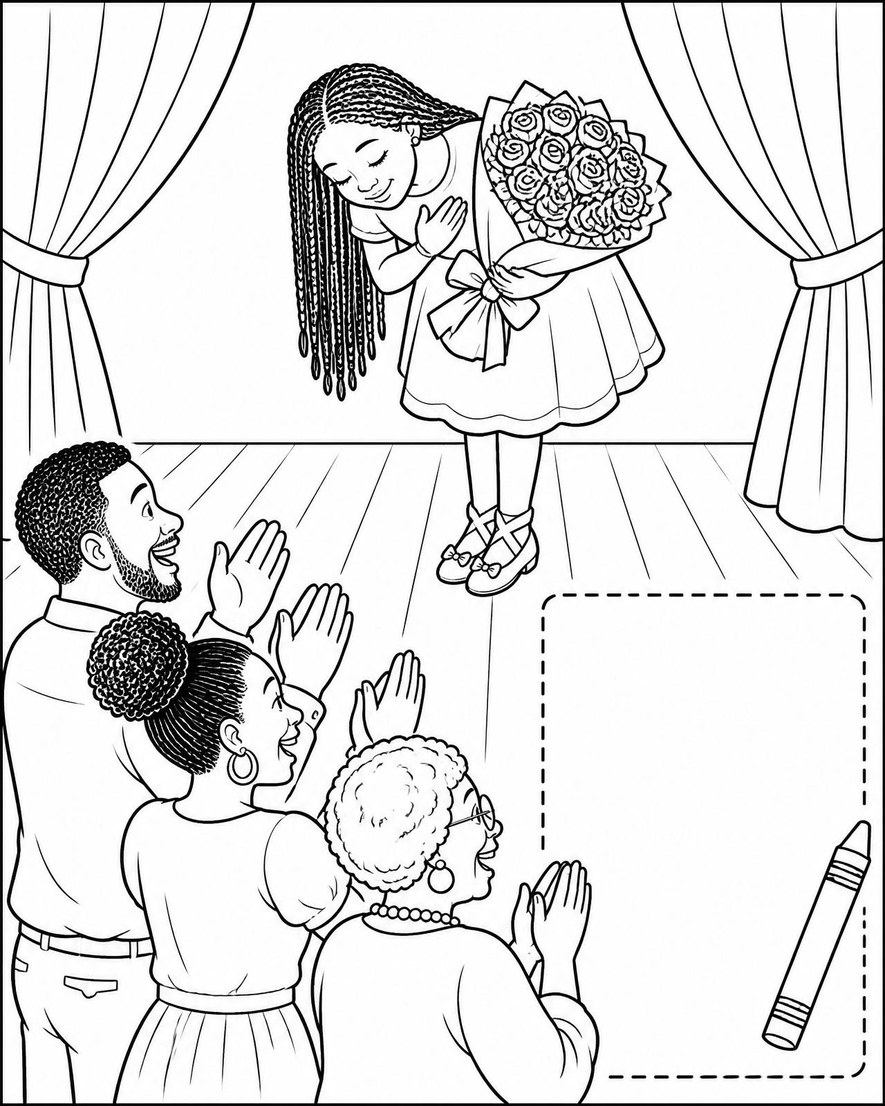 Coloring page of Imani bowing with a bouquet of roses while her family cheers, beside an empty space to draw your own stage