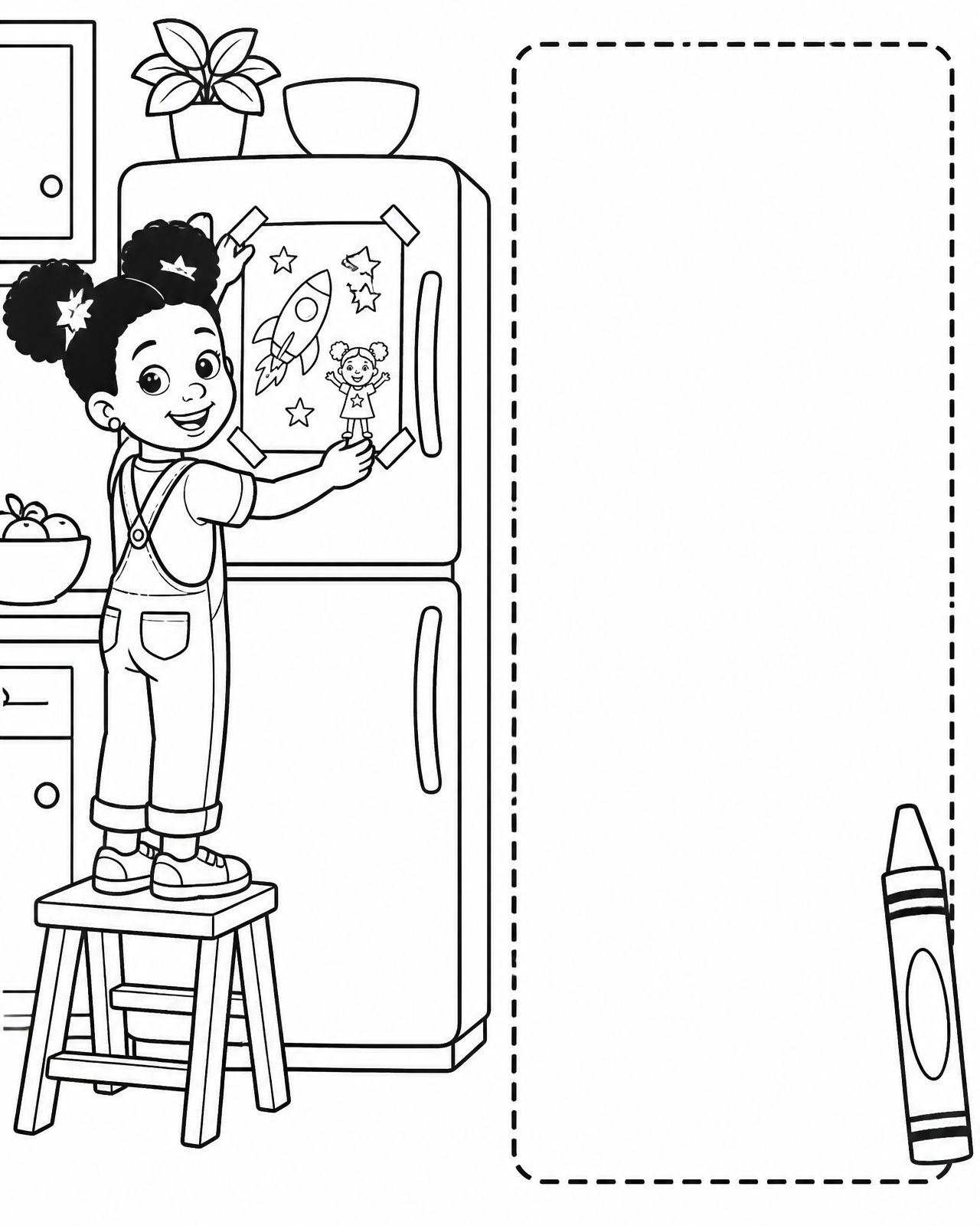 Coloring page of Zora standing on a stool taping her rocket drawing onto the fridge, with a large empty corner to draw your own rocket