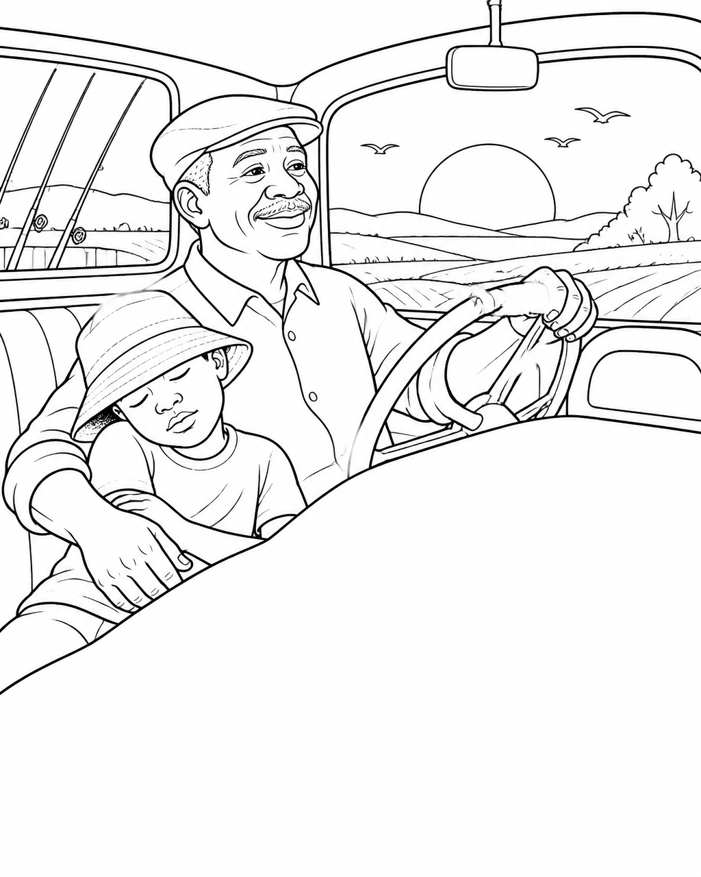 Coloring page of a boy asleep against his grandfather in a pickup truck driving home at sunset, with blank space to draw